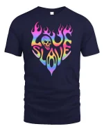 Love Slave Rainbow Flame Skull Retro Graphic T-Shirt Tee - navy t-shirt on white background
