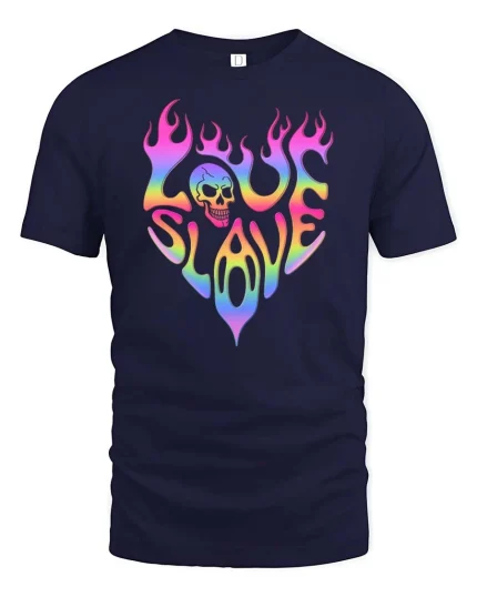 Love Slave Rainbow Flame Skull Retro Graphic T-Shirt Tee - navy t-shirt on white background