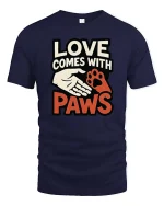 Love Comes With Paws Dog Lover Quote Graphic T-Shirt Tee - navy t-shirt on white background