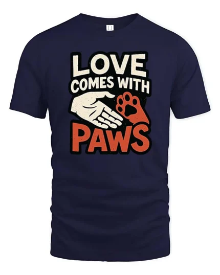 Love Comes With Paws Dog Lover Quote Graphic T-Shirt Tee - navy t-shirt on white background