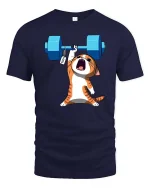 Funny Strong Cat Weightlifting Cartoon Gym Graphic T-Shirt Tee - navy t-shirt on white background