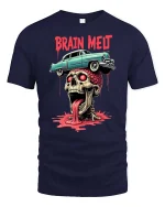 Brain Melt Skull Horror Retro Car Graphic Dark Art T-Shirt - navy t-shirt on white background