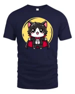 Cute Vampire Cat Cartoon Halloween Graphic T-Shirt Tee - navy t-shirt on white background