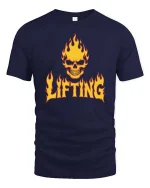 Flaming Skull Lifting Gym Dark Fitness Graphic T-Shirt Tee - navy t-shirt on white background