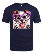 Cute Dog With Glasses Cartoon Funny Pet Graphic T-Shirt Tee - navy t-shirt on white background