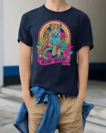 Stay Wild Neon Leopard Rainbow Retro Graphic T-Shirt Tee - model wearing navy tee with hands in pockets