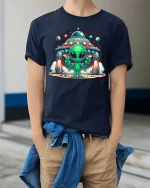 Cute Alien UFO Space Cartoon Sci Fi Graphic T-Shirt Tee - model wearing navy tee with hands in pockets