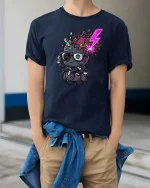 Funny Brain Explosion Cartoon Dark Humor Graphic T-Shirt Tee - model wearing navy tee with hands in pockets