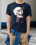 Surreal Skull Character Dark Art Weird Graphic T-Shirt Tee - model wearing navy tee with hands in pockets