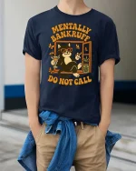 Mentally Bankrupt Funny Cat Humor Retro Graphic T-Shirt - model wearing navy tee with hands in pockets