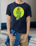 Zombie Hand Heart Gesture Horror Graphic Halloween T-Shirt - model wearing navy tee with hands in pockets