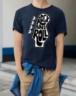 Rock And Roll Guitar Head Retro Music Graphic T-Shirt - model wearing navy tee with hands in pockets