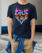 Love Slave Rainbow Flame Skull Retro Graphic T-Shirt Tee - model wearing navy tee with hands in pockets
