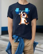 Funny Strong Cat Weightlifting Cartoon Gym Graphic T-Shirt Tee - model wearing navy tee with hands in pockets