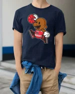 Cartoon Basketball Player Retro Street Style Graphic T-Shirt - model wearing navy tee with hands in pockets