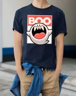 Funny Boo Ghost Cartoon Retro Halloween Graphic T-Shirt - model wearing navy tee with hands in pockets
