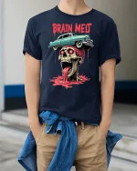 Brain Melt Skull Horror Retro Car Graphic Dark Art T-Shirt - model wearing navy tee with hands in pockets