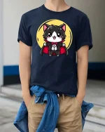 Cute Vampire Cat Cartoon Halloween Graphic T-Shirt Tee - model wearing navy tee with hands in pockets
