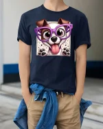 Cute Dog With Glasses Cartoon Funny Pet Graphic T-Shirt Tee - model wearing navy tee with hands in pockets