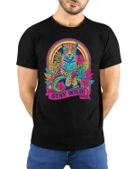 Stay Wild Neon Leopard Rainbow Retro Graphic T-Shirt Tee - model wearing black tee with hands behind back