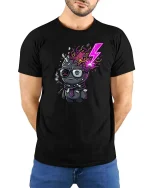 Funny Brain Explosion Cartoon Dark Humor Graphic T-Shirt Tee - model wearing black tee with hands behind back