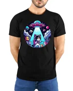 Cute Space Cat UFO Cartoon Galaxy Sci Fi Graphic T-Shirt - model wearing black tee with hands behind back