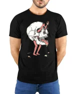 Surreal Skull Character Dark Art Weird Graphic T-Shirt Tee - model wearing black tee with hands behind back