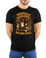 Mentally Bankrupt Funny Cat Humor Retro Graphic T-Shirt - model wearing black tee with hands behind back