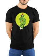 Zombie Hand Heart Gesture Horror Graphic Halloween T-Shirt - model wearing black tee with hands behind back