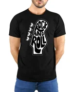 Rock And Roll Guitar Head Retro Music Graphic T-Shirt - model wearing black tee with hands behind back