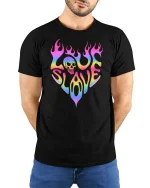 Love Slave Rainbow Flame Skull Retro Graphic T-Shirt Tee - model wearing black tee with hands behind back