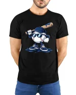Cool Baseball Player Cartoon Graphic Sports Fan T-Shirt Tee - model wearing black tee with hands behind back