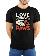 Love Comes With Paws Dog Lover Quote Graphic T-Shirt Tee - model wearing black tee with hands behind back