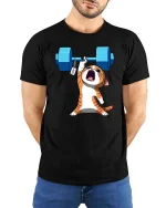 Funny Strong Cat Weightlifting Cartoon Gym Graphic T-Shirt Tee - model wearing black tee with hands behind back