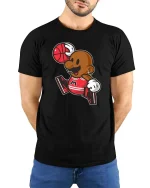 Cartoon Basketball Player Retro Street Style Graphic T-Shirt - model wearing black tee with hands behind back