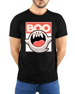 Funny Boo Ghost Cartoon Retro Halloween Graphic T-Shirt - model wearing black tee with hands behind back