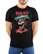 Brain Melt Skull Horror Retro Car Graphic Dark Art T-Shirt - model wearing black tee with hands behind back