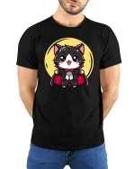 Cute Vampire Cat Cartoon Halloween Graphic T-Shirt Tee - model wearing black tee with hands behind back