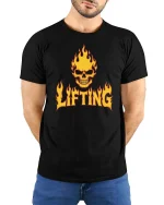 Flaming Skull Lifting Gym Dark Fitness Graphic T-Shirt Tee - model wearing black tee with hands behind back