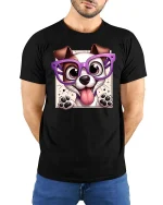 Cute Dog With Glasses Cartoon Funny Pet Graphic T-Shirt Tee - model wearing black tee with hands behind back
