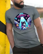 Cute Space Cat UFO Cartoon Galaxy Sci Fi Graphic T-Shirt - model wearing grey tee, leaning on column