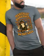 Mentally Bankrupt Funny Cat Humor Retro Graphic T-Shirt - model wearing grey tee, leaning on column