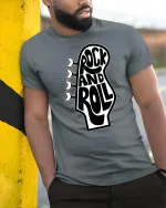 Rock And Roll Guitar Head Retro Music Graphic T-Shirt - model wearing grey tee, leaning on column