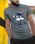 Cool Baseball Player Cartoon Graphic Sports Fan T-Shirt Tee - model wearing grey tee, leaning on column