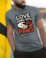 Love Comes With Paws Dog Lover Quote Graphic T-Shirt Tee - model wearing grey tee, leaning on column