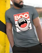 Funny Boo Ghost Cartoon Retro Halloween Graphic T-Shirt - model wearing grey tee, leaning on column