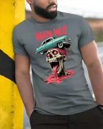 Brain Melt Skull Horror Retro Car Graphic Dark Art T-Shirt - model wearing grey tee, leaning on column