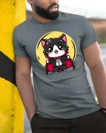 Cute Vampire Cat Cartoon Halloween Graphic T-Shirt Tee - model wearing grey tee, leaning on column