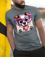 Cute Dog With Glasses Cartoon Funny Pet Graphic T-Shirt Tee - model wearing grey tee, leaning on column