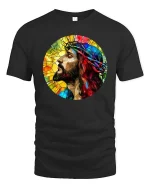 Stained Glass Jesus Crown of Thorns Faith Art T Shirt - black t-shirt on white background